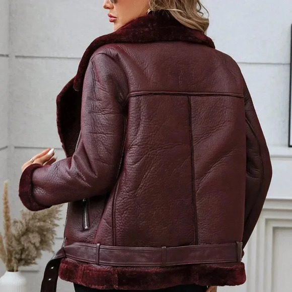 Burgundy Casual Women's Faux Leather Winter Jacket - Picture 6 of 6